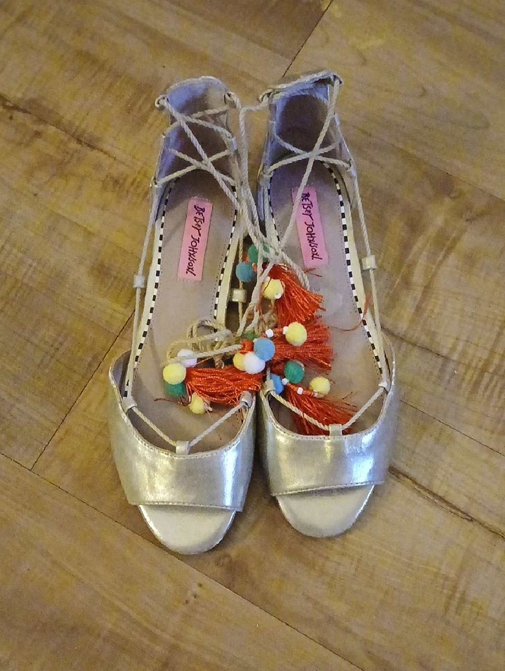 Betsey Johnson Metallic Gold Lace-Up Sandals with Colorful Tassels 7.5